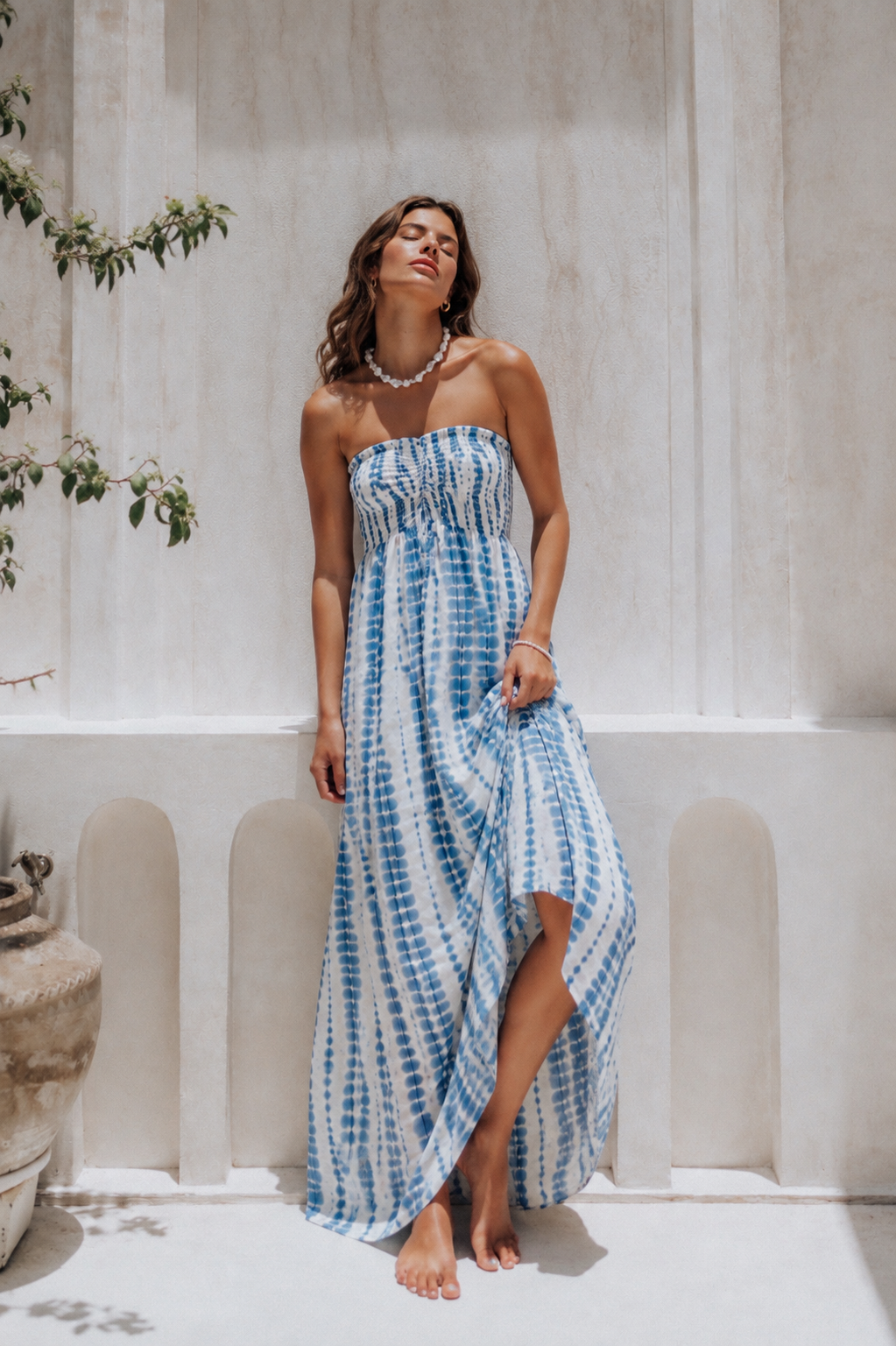 strapless flowy maxi dress Azure morp Hot Pink Bachelorette Party Color:Black floral Model wears XSLength from