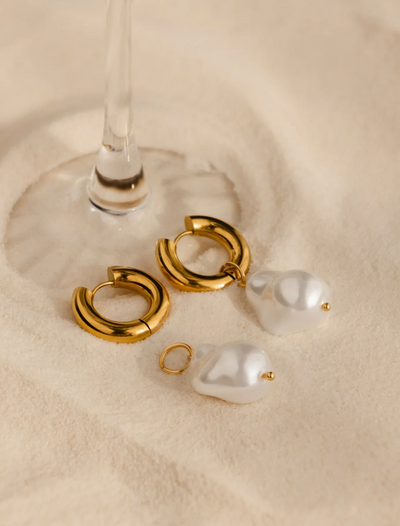 Earrings Chunky Hoop Baroque Pearl Drop 18K GP  (ER25) - NON TARNISH