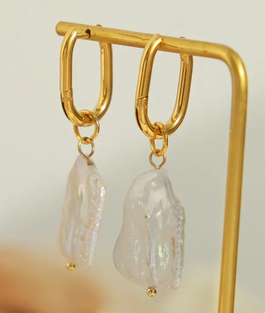 Earrings Geometric Baroque Pearl  Drop 18K GP (ER11)