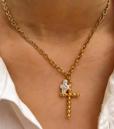 Necklace Baroque Cross + Gold Cross  14K GP (NK15)  NON TARNISH