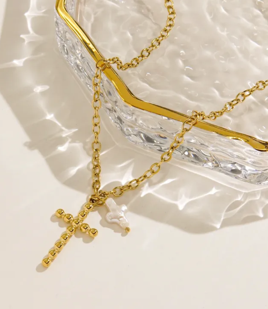 Necklace Baroque Cross + Gold Cross  14K GP (NK15)  NON TARNISH