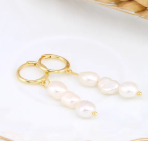 Earrings  Mini Hoops with 3 Pearls Drop (ER30) 18K GP